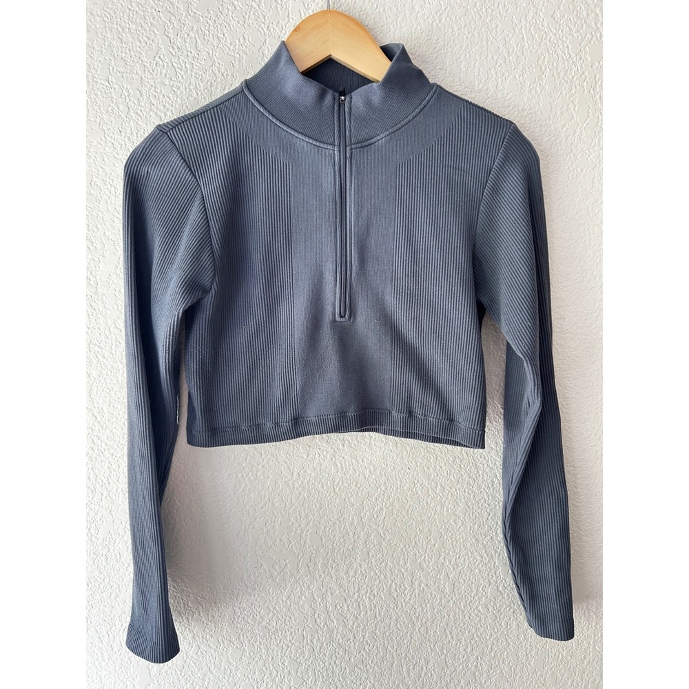 No Boundaries Womens Large Gray Ribbed Quarter Zip‎ Cropped Long Sleeve Top